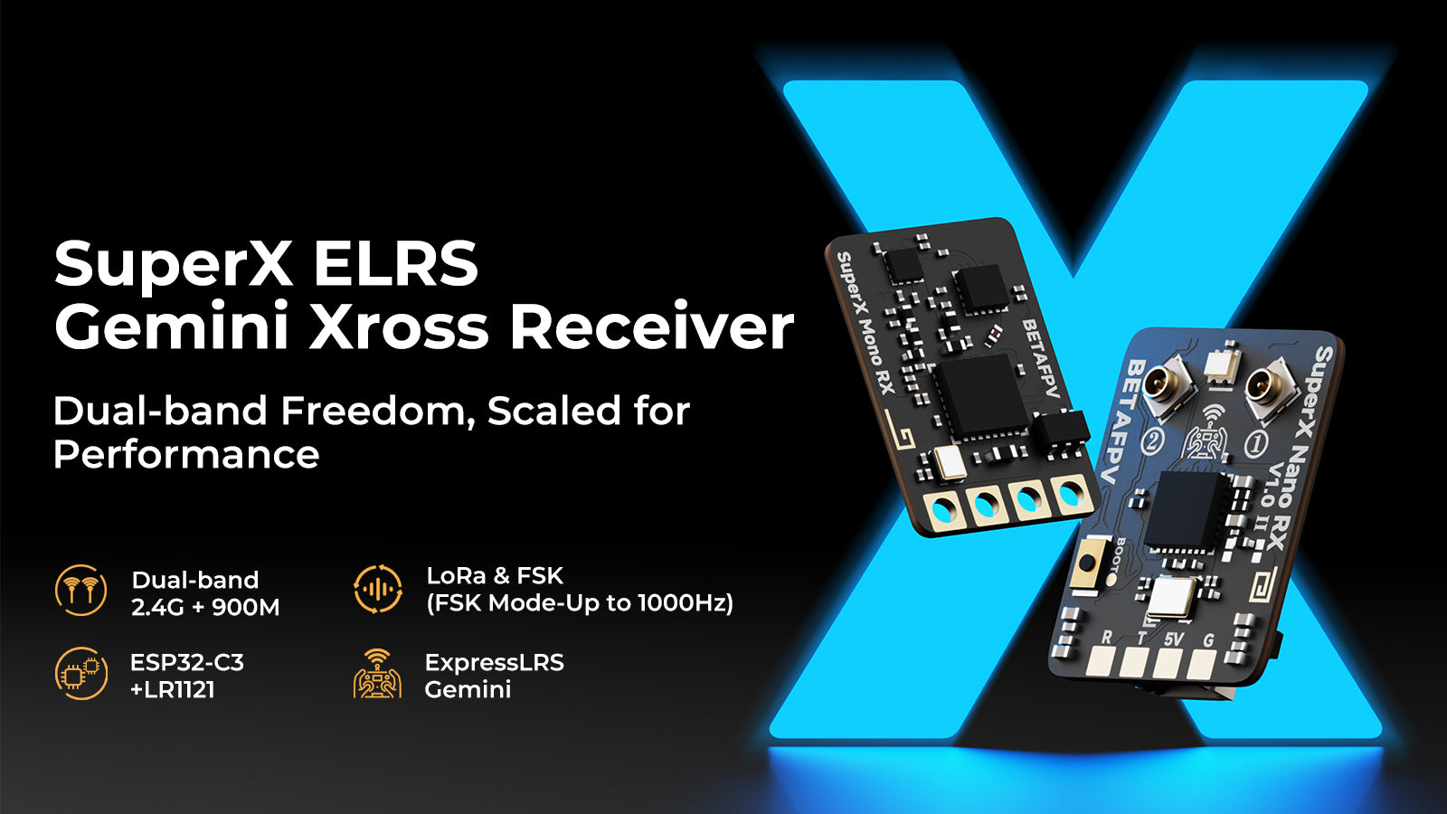 SuperX ELRS Gemini Xross Receiver - Dual-band Freedom, scaled for performance